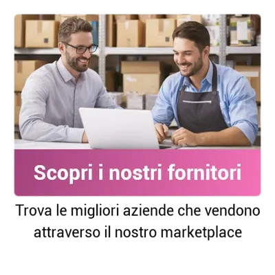 Scopri i nostri fornitori: due professionisti in magazzino davanti a un laptop