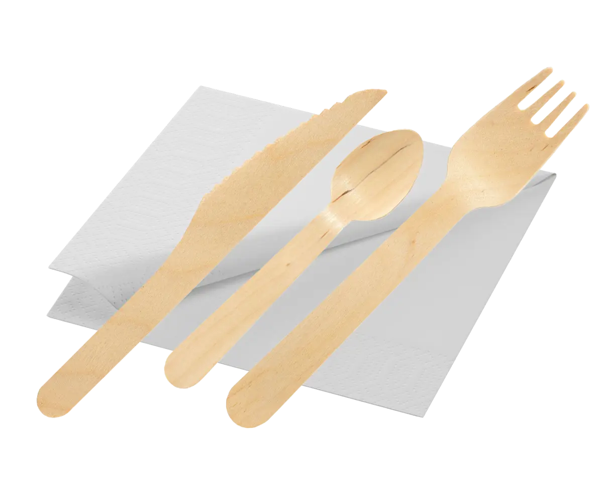 Tris posate + tovagliolo legno cerato (500 Pz)