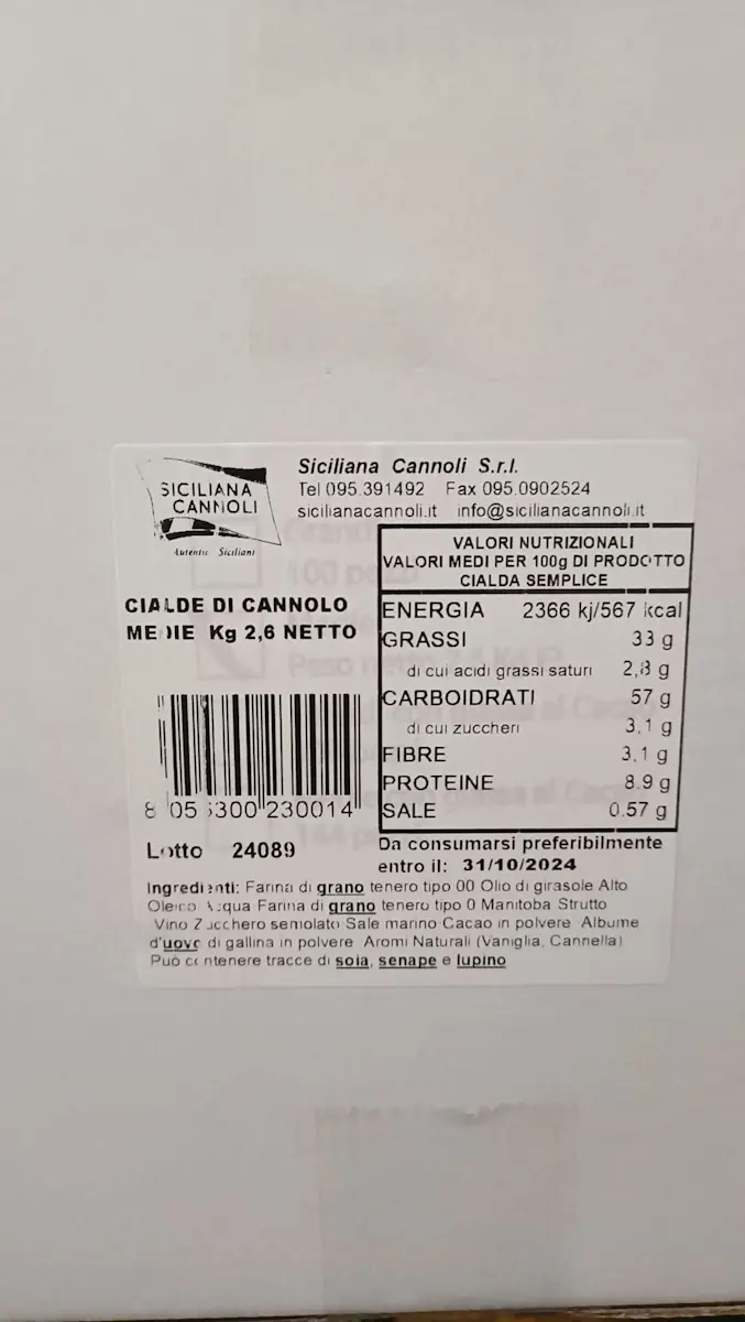 Cialda Cannolo Siciliano Medio 2,6 Kg 200 Pz