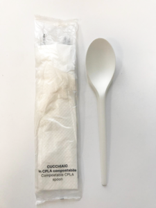 Cucchiaio 165 mm con tovagliolo CPLA imbustato singolarmente (1000 Pz)